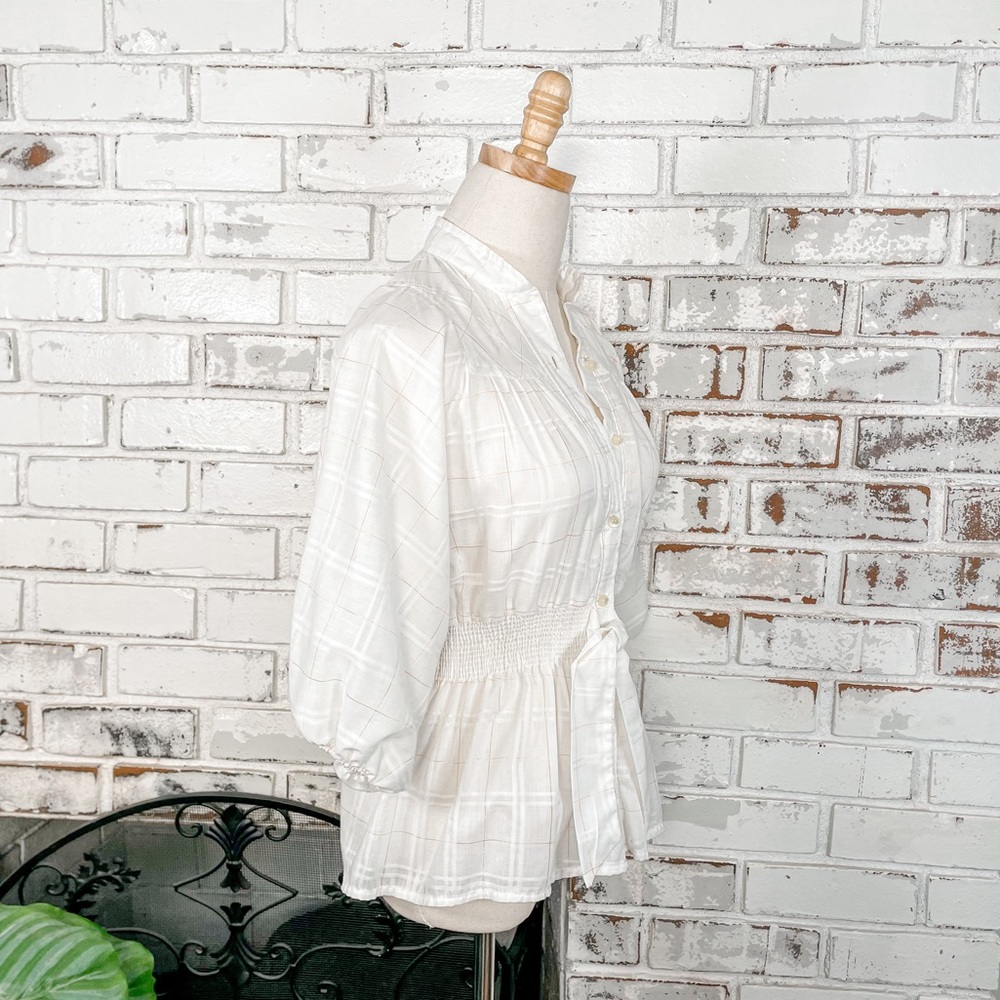 Vintage 60s 70s PepperHill White and Gold Plaid Puff Sleeve Tie Waist Button Top - Picture 5 of 9